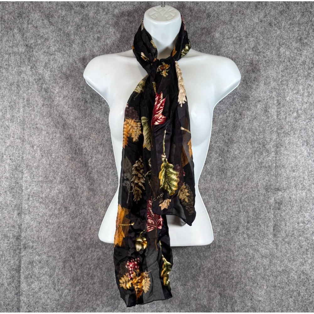 Silk Scarf Echo Sheer Black Fall Leaves Print Purse Handbag Hanky Dark Romantic